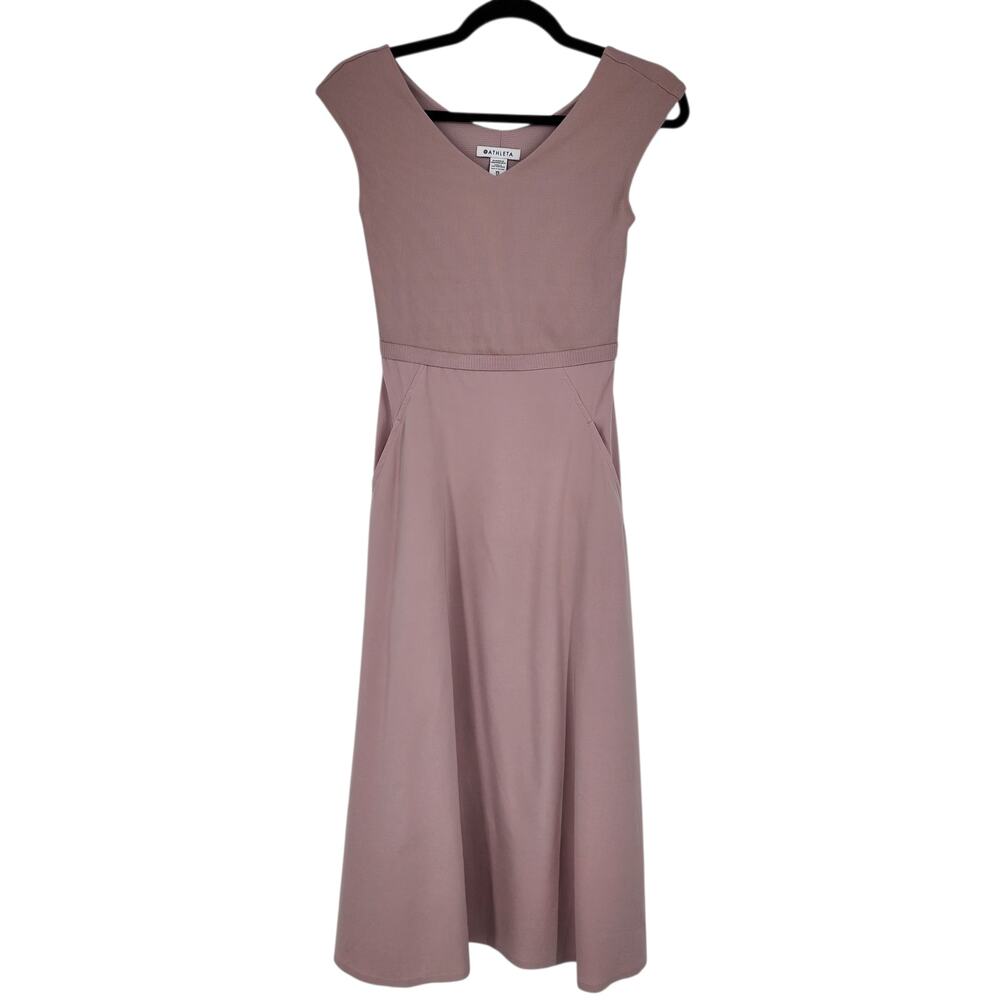 Athleta Ryder V-Neck Cut Out Back Pocket Fit and Flare Midi Dress Size XS